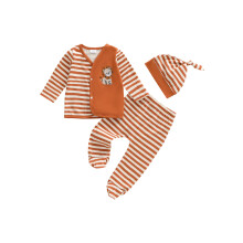 (6-12 Months, Brown) Conjunto de 3 piezas para bebé niño: camiseta de manga larga con bordado de león, pantalón a rayas y gorro.