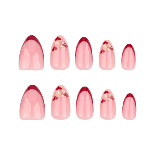 Pink Almond Fake Nails with Red Tip, Long Lasting 2