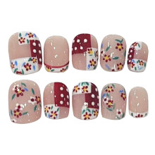 (L) Glossy Nude Press on Nails with Flower Print Natural Unbreakable Nail Simple Wear for Manicure Lovers and Beauty Blogger