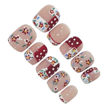 (S) Glossy Nude Press on Nails with Flower Print Natural Unbreakable Nail Simple Wear for Manicure Lovers and Beauty Blogger