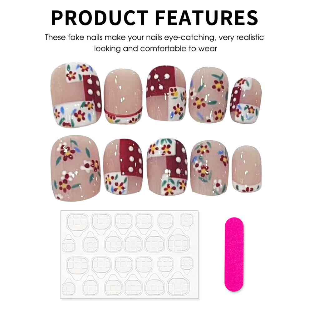 Penghui-Toys (M) Glossy Nude Press On Nails With Flower Print Natural Unbreakable Nail Simple Wear For Manicure Lovers And Beauty Blogger