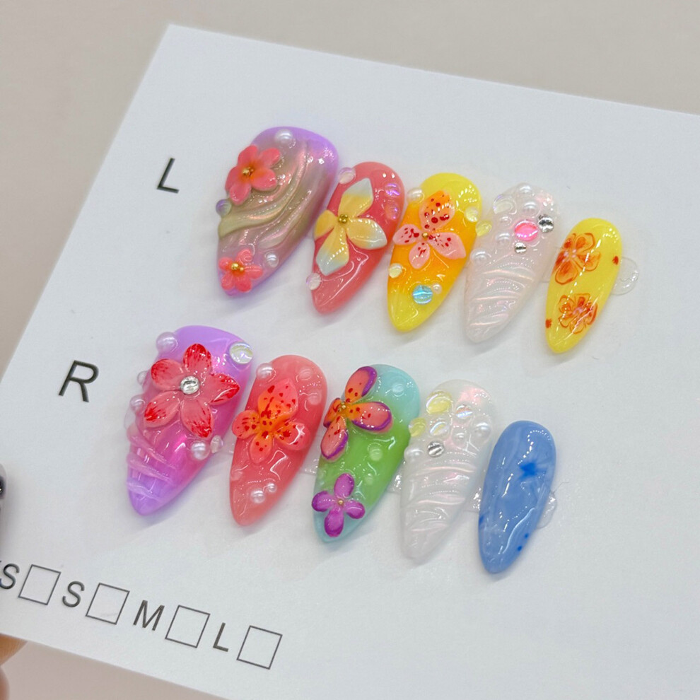 Dachuang Beauty (S) Floral Almond Fake Nails - Long Lasting & Flexible