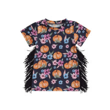 (18-24 Months, Black) Vestido de niña para Halloween, con estampado de flores y calabazas, vestido casual de princesa con borlas.
