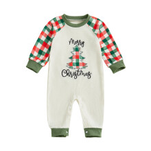 (6-12 Months, Apricot) Tutina da neonato alla moda con ricamo di albero di Natale e lettere, fantasia a quadri e maniche lunghe.