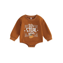 (18-24 Months, Brown) Tutina neonata maniche lunghe con scollo tondo, stampa lettere, ragnatele e zucche, perfetta per autunno e Halloween.