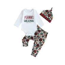 (3-6 Months, White) Conjunto navideño para bebé: mameluco de manga larga, pantalón con árbol de Navidad y gorro (3 piezas).