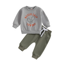 (6-12 Months, Gray Green) Baba fiú nadrág szett, hosszú ujjú, kerek nyakú, betűs mintás pulóver nadrággal Hálaadás ruhák