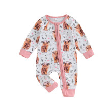 (3-6 Months, Pink) Dívčí podzimní overal s kulatým výstřihem a dlouhým rukávem, potiskem skotu, šikmým zipem