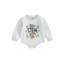 (18-24 Months, Gray) Tutina neonata maniche lunghe con scollo tondo, stampa lettere, ragnatele e zucche, perfetta per autunno e Halloween.