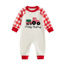 (6-12 Months, Red) Tutina da neonato alla moda con ricamo di albero di Natale e lettere, fantasia a quadri e maniche lunghe.