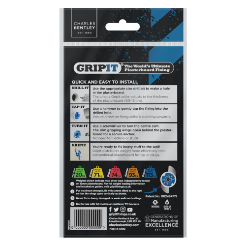 Gripit 25mm Plasterboard Fixing - 25 Pack (Blue) Stud Wall Anchor Max Load 113kg Support Heavy Loads 1