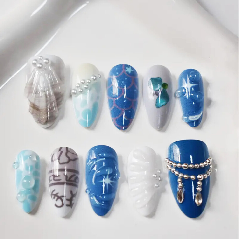 Creation-3C (Xs) Floral Almond Press-On Nails - 10Pcs Wedding Party Wear