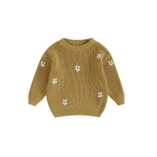 (4-5 Years, Dark Beige Yellow) Dívčí podzimní svetr pro batolata, žakárový vzor s dlouhým rukávem, kulatým výstřihem a pleteným vzorem