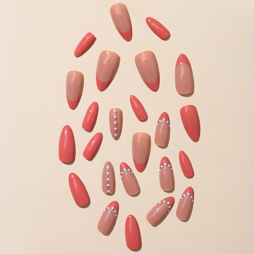 Hue-Grain Pink Almond Fake Nails, Easy Apply & Peel Off