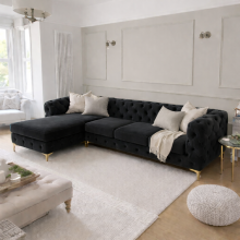 (Black, Left Hand Chaise) Monaco Plush Velvet 4-Seater L-Shaped Corner Sofa Couch Chaise Lounge Suite Settee Left & Right Facing