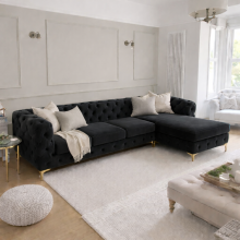 (Black, Right Hand Chaise) Monaco Plush Velvet 4-Seater L-Shaped Corner Sofa Couch Chaise Lounge Suite Settee Left & Right Facing