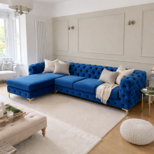 (Blue, Left Hand Chaise) Monaco Plush Velvet 4-Seater L-Shaped Corner Sofa Couch Chaise Lounge Suite Settee Left & Right Facing