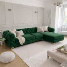 (Green, Right Hand Chaise) Monaco Plush Velvet 4-Seater L-Shaped Corner Sofa Couch Chaise Lounge Suite Settee Left & Right Facing