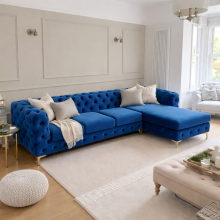 (Blue, Right Hand Chaise) Monaco Plush Velvet 4-Seater L-Shaped Corner Sofa Couch Chaise Lounge Suite Settee Left & Right Facing
