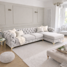 (Light Grey, Right Hand Chaise) Monaco Plush Velvet 4-Seater L-Shaped Corner Sofa Couch Chaise Lounge Suite Settee Left & Right Facing