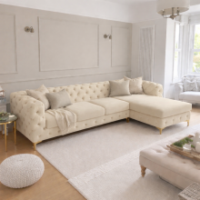 (Cream, Right Hand Chaise) Monaco Plush Velvet 4-Seater L-Shaped Corner Sofa Couch Chaise Lounge Suite Settee Left & Right Facing