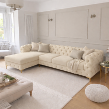 (Cream, Left Hand Chaise) Monaco Plush Velvet 4-Seater L-Shaped Corner Sofa Couch Chaise Lounge Suite Settee Left & Right Facing
