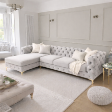(Light Grey, Left Hand Chaise) Monaco Plush Velvet 4-Seater L-Shaped Corner Sofa Couch Chaise Lounge Suite Settee Left & Right Facing