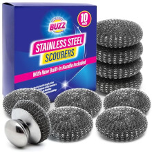SOL 10pk Stainless Steel Scourer with Handle ? Heavy Duty Kitchen Scrubber with 9 Refill Balls for Pots & Pans