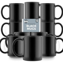 SOL 12pk Black Stoneware Mugs 11oz ? Ceramic Tea & Coffee Cups, Durable Drinkware for Home, Office & Caf?