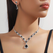 (Black) Bride Wedding Jewelry Set Rhinestone Necklace Earrings