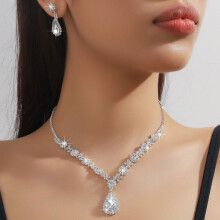 (Silver) Bride Wedding Jewelry Set Rhinestone Necklace Earrings