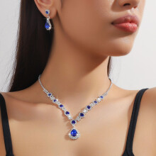 (Blue) Bride Wedding Jewelry Set Rhinestone Necklace Earrings
