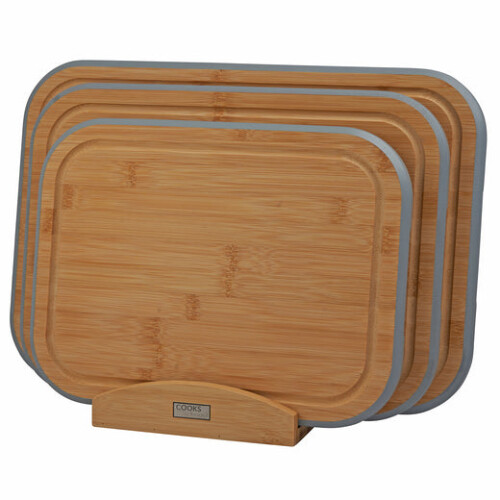 Cooks Professional Cooks Professional 3 Piece Bamboo Chopping Board Set with Stand | Grey Edging