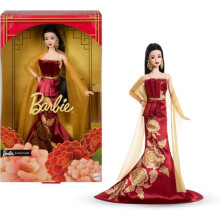 Barbie Moda Capodanno Cinese, Bambola Collezionabile in Vestito Rosso con Stampa di Peonie Dorate