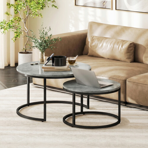 Homcom (Grey) HOMCOM 2 Pcs Stacking Coffee Table Set Steel Frame