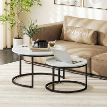 (White) HOMCOM 2 Pcs Stacking Coffee Table Set Steel Frame