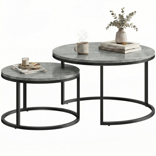 Homcom (Grey) HOMCOM 2 Pcs Stacking Coffee Table Set Steel Frame 1