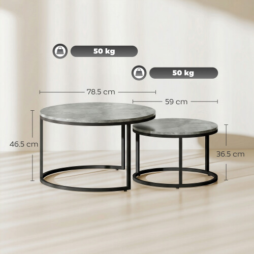 Homcom (Grey) HOMCOM 2 Pcs Stacking Coffee Table Set Steel Frame 2