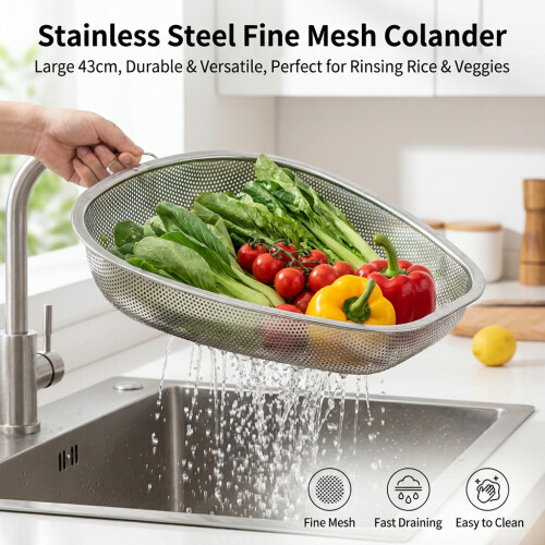 (Fine Mesh 43cm) Stainless Steel Colander for Kitchen Use