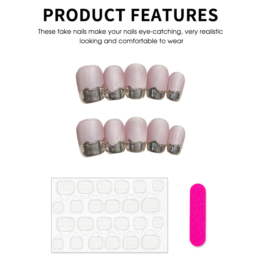 Roc-Electron (M) Pink Square Fake Nails With Silver Tip