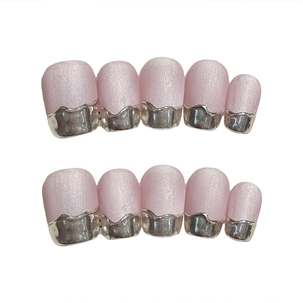 Roc-Electron (L) Pink Square Fake Nails With Silver Tip