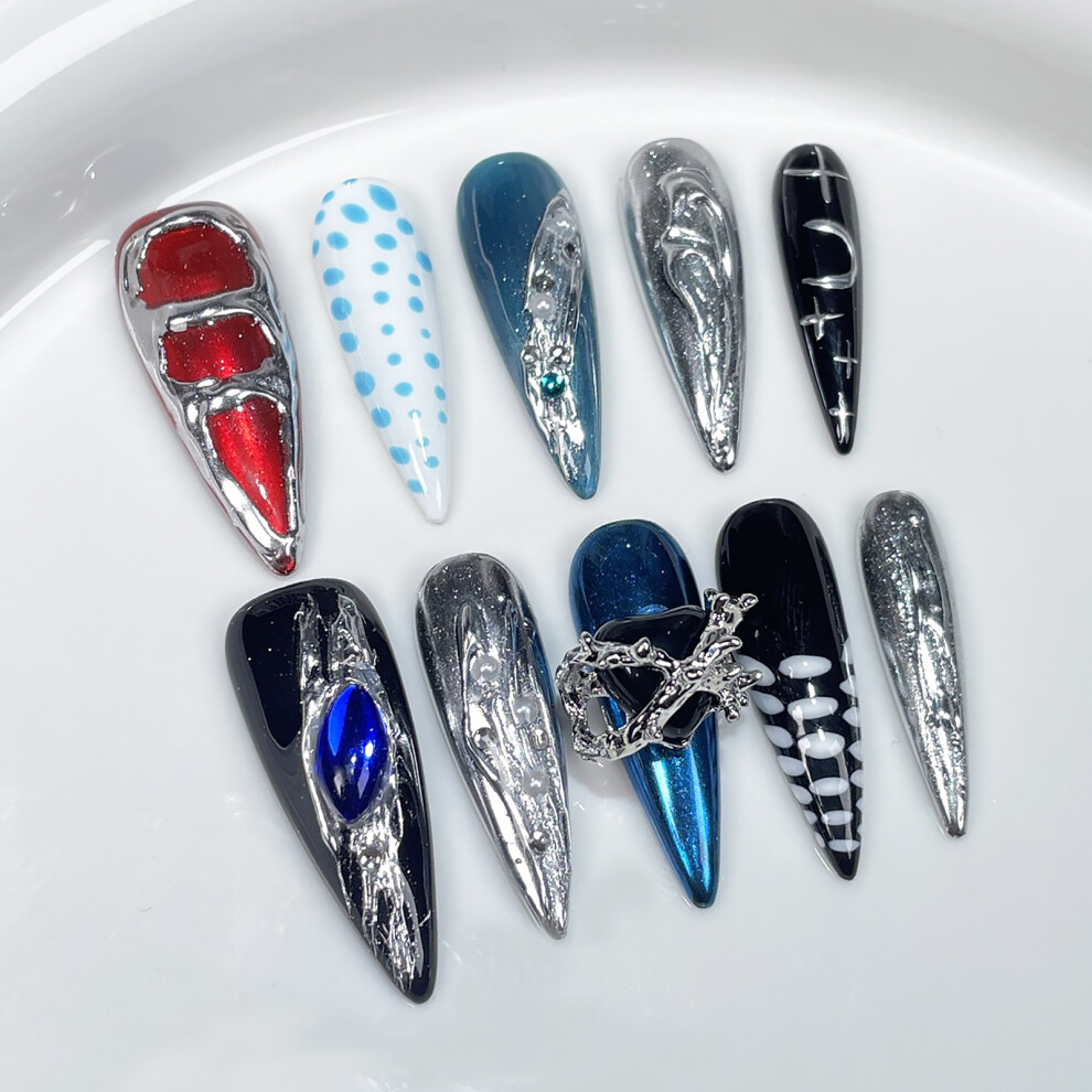 Hue-Grain (Xs) Relief Decor Blue Black Fake Nails - Unbreakable