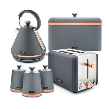 Tower Cavaletto Kitchen Set 4 Piece Bundle – 3kW 1.7L Pyramid Kettle & 2 Slice Toaster with Bread Bin & Canisters – Grey & Rose Gold – EEJB471