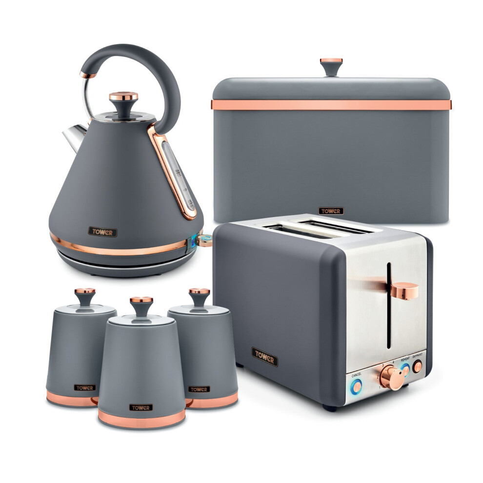 Tower Cavaletto Kitchen Set 4 Piece Bundle – 3Kw 1.7L Pyramid Kettle & 2 Slice Toaster With Bread Bin & Canisters – Grey & Rose Gold – Eejb471 Gold,Grey