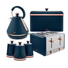 Tower Cavaletto Kitchen Set 4 Piece Bundle – 3kW 1.7L Pyramid Kettle & 4 Slice Toaster with Bread Bin & Canisters – Midnight Blue – EEJB473