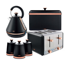 Tower Cavaletto Kitchen Set 4 Piece Bundle – 3kW 1.7L Pyramid Kettle & 4 Slice Toaster with Bread Bin & Canisters – Black – EEJB475