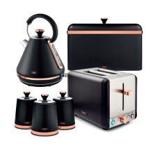 Tower Cavaletto Kitchen Set 4 Piece Bundle – 3kW 1.7L Pyramid Kettle & 2 Slice Toaster with Bread Bin & Canisters – Black & Rose Gold – EEJB472