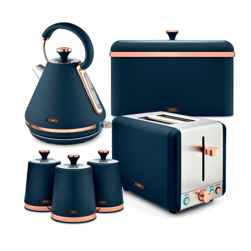 Tower Cavaletto Kitchen Set 4 Piece Bundle – 3kW 1.7L Pyramid Kettle & 2 Slice Toaster with Bread Bin & Canisters – Midnight Blue – EEJB470