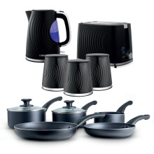 Tower Sonar Smart Start Kitchen Bundle – 3kW 1.7L Kettle & 2 Slice Toaster with 5 Piece Cookware Set & Canisters – Black – EEJB482