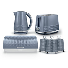 Tower Solitaire Kitchen Set 4 Piece Bundle – 3kW 1.5L Kettle & 2 Slice Toaster with Roll Top Bread Bin & Canisters – Grey – EEJB477